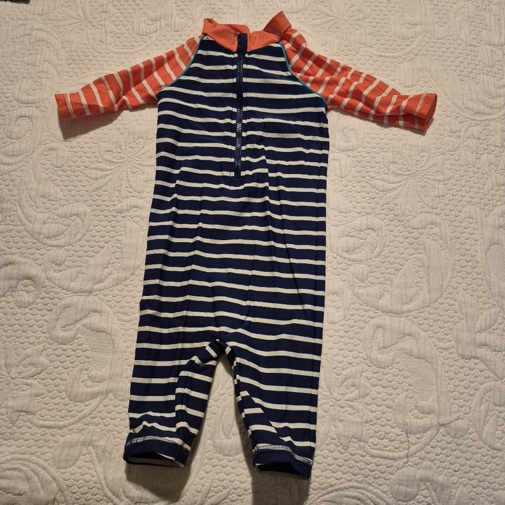 Baby Boden 6-12 months blue, white & orange stripe with zipper front VGUC
